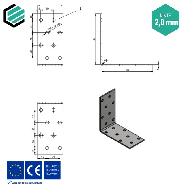 Hoekijzer 80x80x40 mm (2,0 mm) verzinkt (20 stuks)