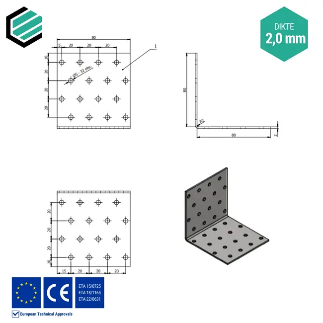 Hoekijzer 80x80x80 mm (2,0 mm) verzinkt (20 stuks)