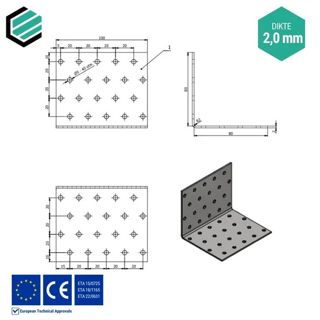 Hoekijzer 80x80x100 mm (2,0 mm) verzinkt (20 stuks)