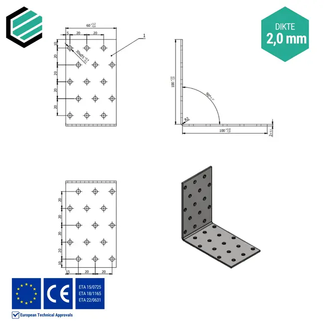 Hoekijzer 100x100x60 mm (2,0 mm) verzinkt (20 stuks)