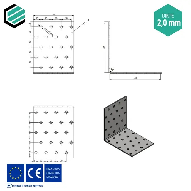 Hoekijzer 100x100x80 mm (2,0 mm) verzinkt (20 stuks)