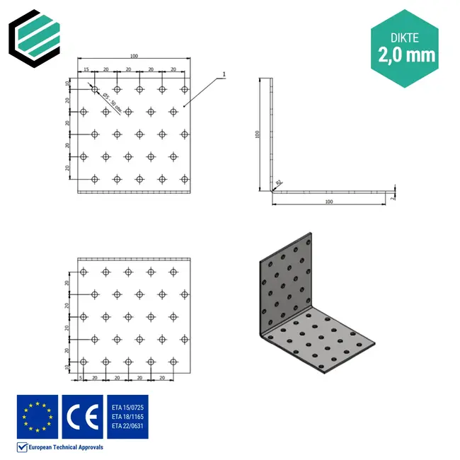 Hoekijzer 100x100x100 mm (2,0 mm) verzinkt (20 stuks)