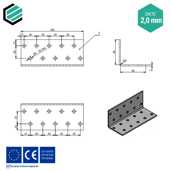 Hoekijzer 40x40x100 mm (2,0 mm) verzinkt (20 stuks)