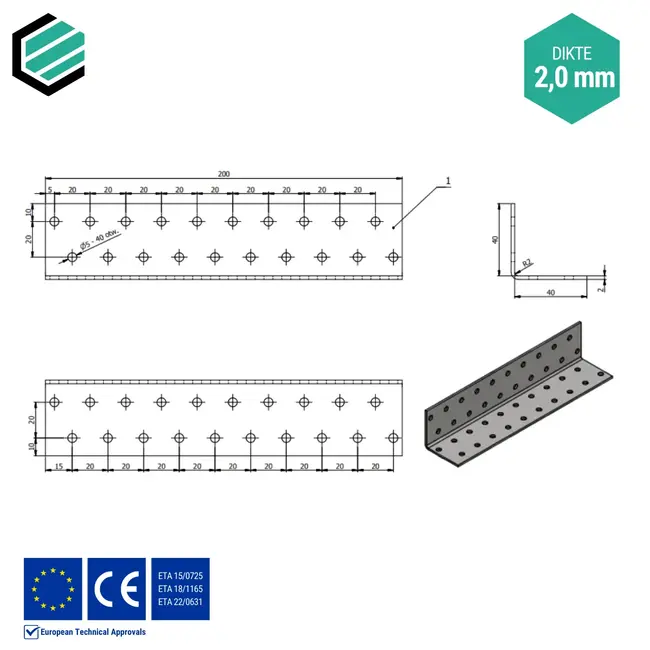 Hoekijzer 40x40x200 mm (2,0 mm) verzinkt (20 stuks)