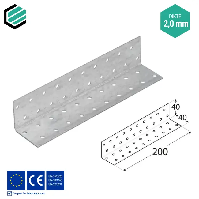 Hoekijzer 40x40x200 mm (2,0 mm) verzinkt (20 stuks)