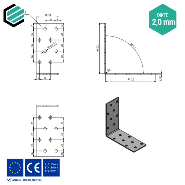 Hoekijzer 90x90x40 mm (2,0 mm) verzinkt (20 stuks)