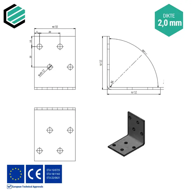 Hoekijzer 52x52x40 mm (2,0 mm) verzinkt (20 stuks)