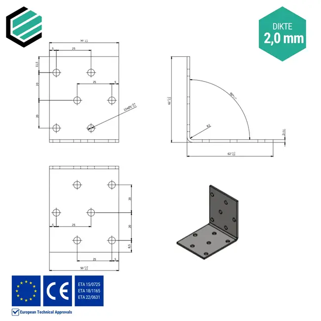 Hoekijzer 60x60x50 mm (2,0 mm) verzinkt (20 stuks)