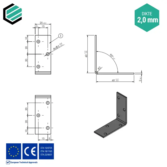 Hoekijzer 60x60x25 mm (2,0 mm) verzinkt (20 stuks)
