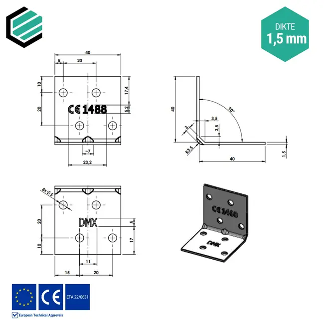 Hoekijzer 40x40x40 mm (1,5 mm) verzinkt (50 stuks)