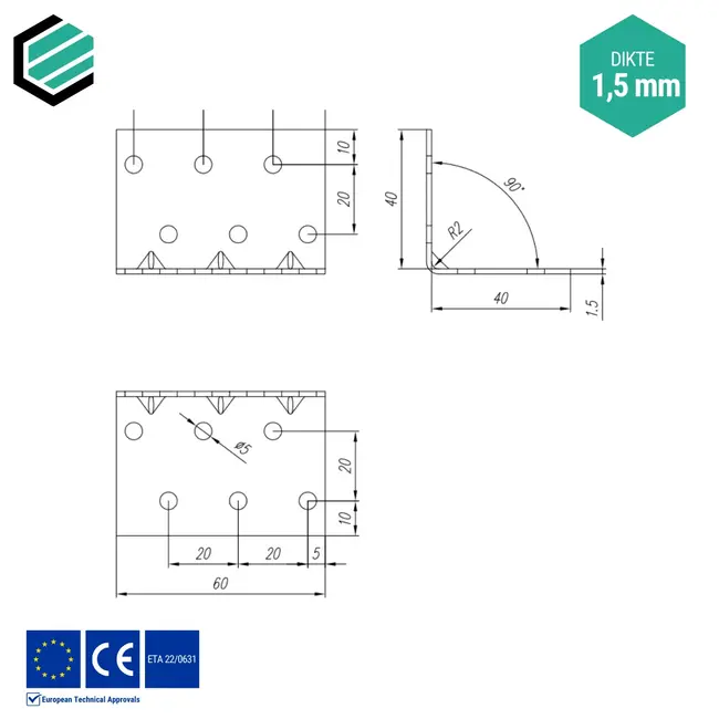 Hoekijzer 40x40x60 mm (1,5 mm) verzinkt (50 stuks)
