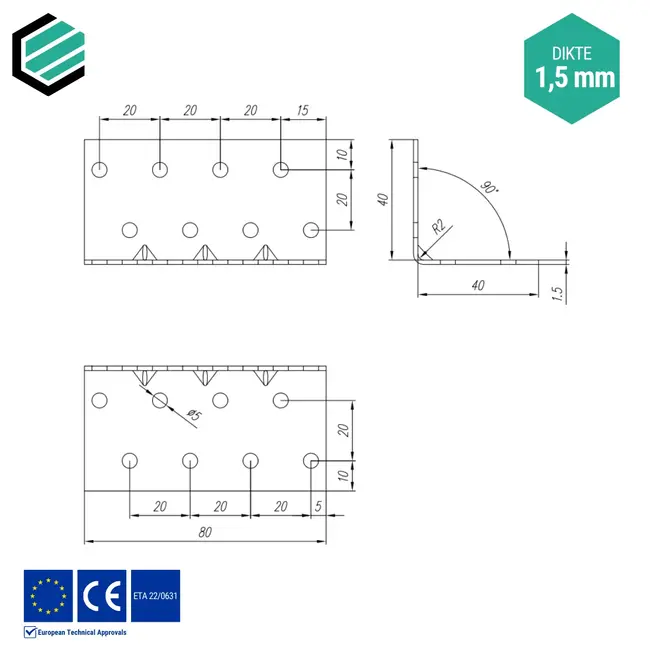 Hoekijzer 40x40x80 mm (1,5 mm) verzinkt (20 stuks)