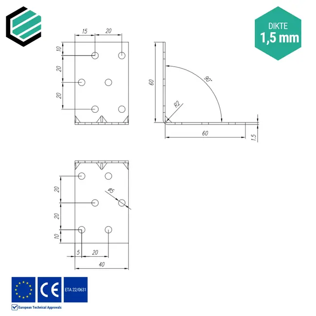 Hoekijzer 60x60x40 mm (1,5 mm) verzinkt (20 stuks)