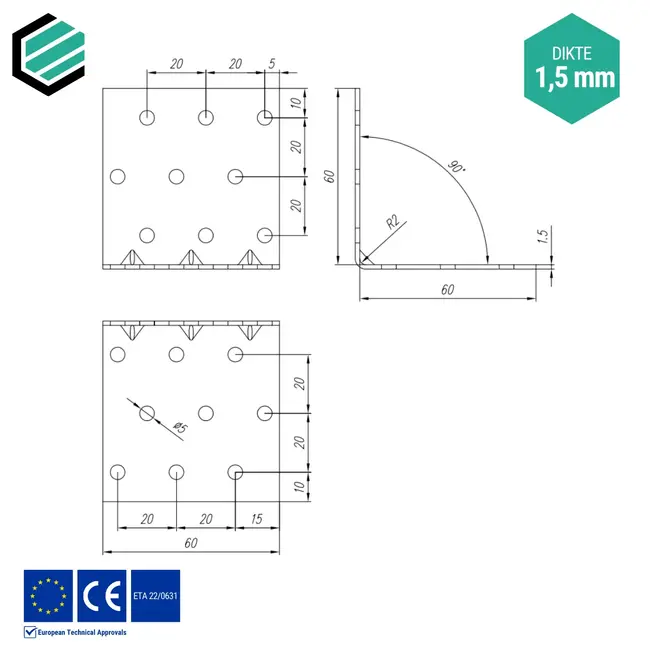 Hoekijzer 60x60x60 mm (1,5 mm) verzinkt (20 stuks)