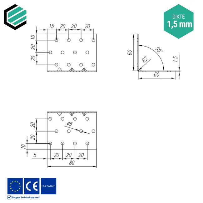 Hoekijzer 60x60x80 mm (1,5 mm) verzinkt (20 stuks)
