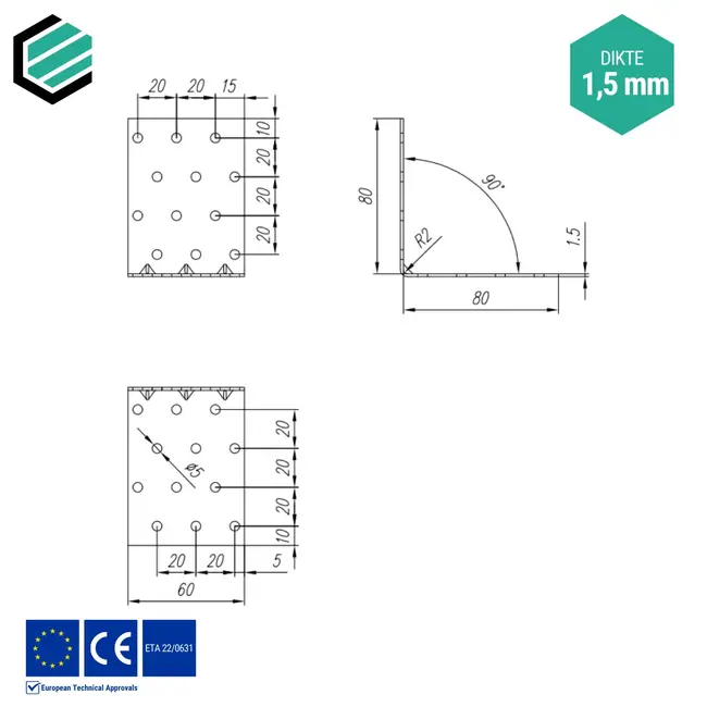 Hoekijzer 80x80x60 mm (1,5 mm) verzinkt (20 stuks)