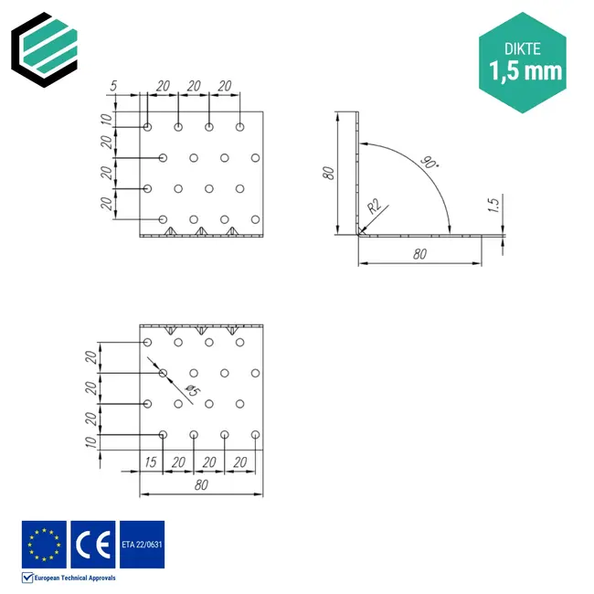 Hoekijzer 80x80x80 mm (1,5 mm) verzinkt (20 stuks)