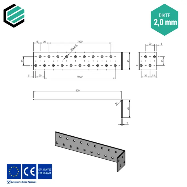 Hoekijzer 200x40x40 mm (2,0 mm) verzinkt (20 stuks)
