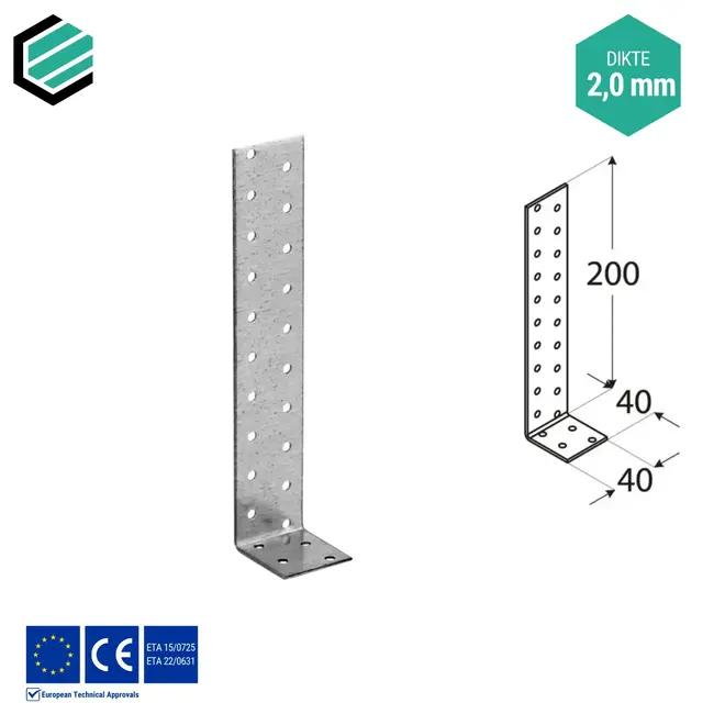 Hoekijzer 200x40x40 mm (2,0 mm) verzinkt (20 stuks)