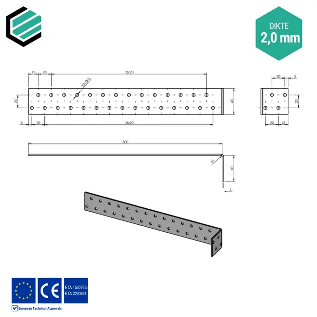 Hoekijzer 300x40x40 mm (2,0 mm) verzinkt (20 stuks)