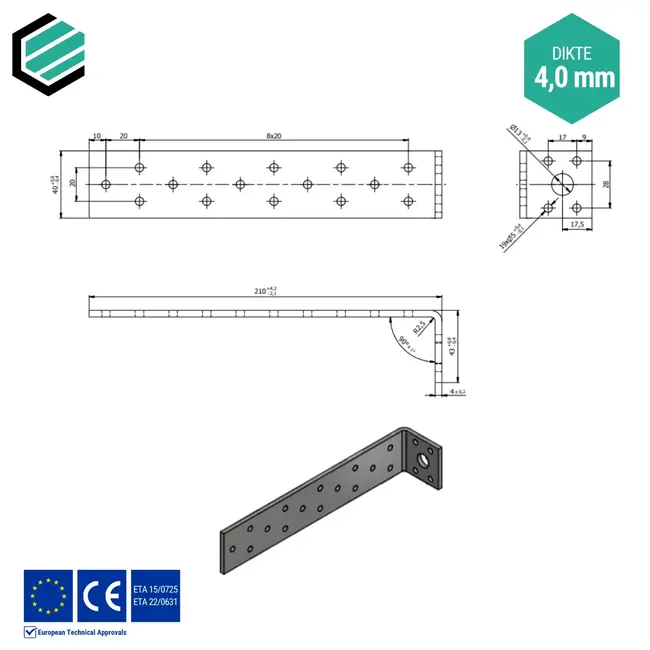 Hoekijzer 210x43x40 mm (4,0 mm) verzinkt (10 stuks)
