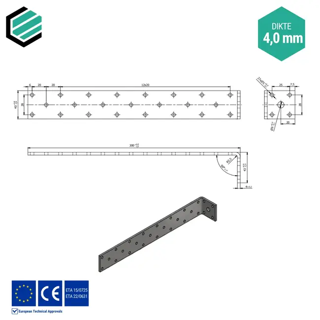 Hoekijzer 300x43x40 mm (4,0 mm) verzinkt (10 stuks)