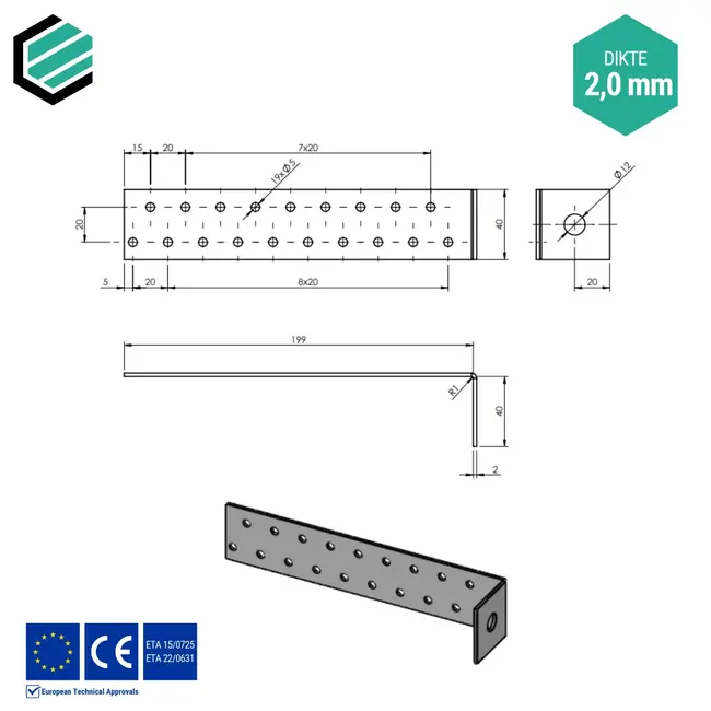 Hoekijzer 200x40x40 mm (2,0 mm) verzinkt (20 stuks)