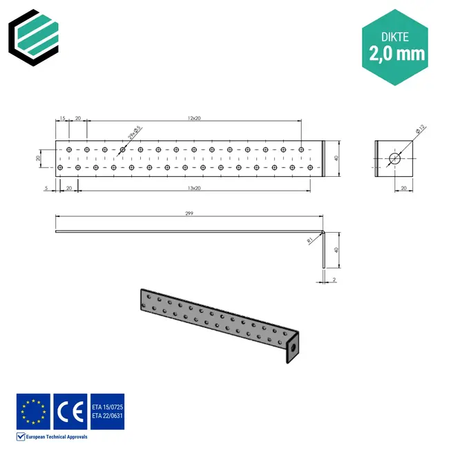 Hoekijzer 300x40x40 mm (2,0 mm) verzinkt (20 stuks)