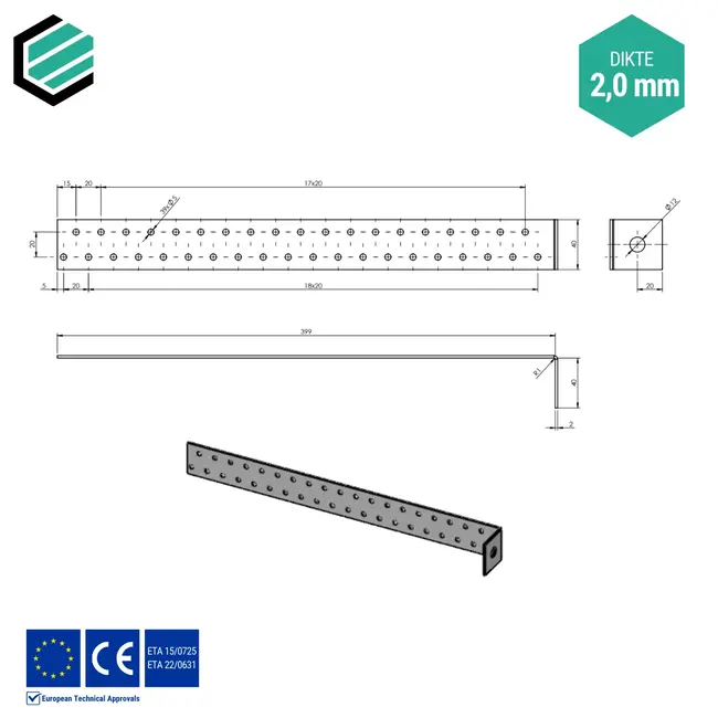 Hoekijzer 400x40x40 mm (2,0 mm) verzinkt (20 stuks)