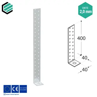 Domax  Hoekijzer 400x40x40 mm (2,0 mm) verzinkt (20 stuks)