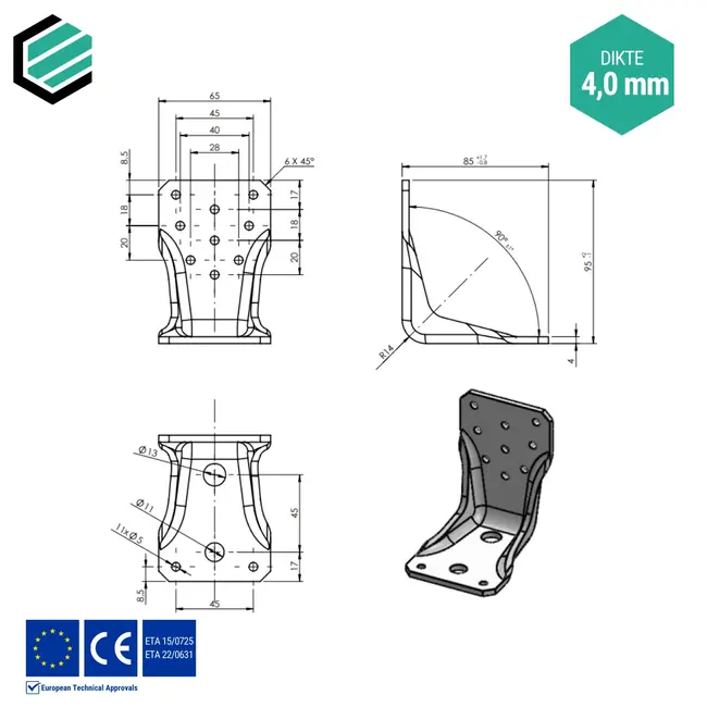 Hoekijzer 95x65x85 mm (4,0 mm) verzinkt (10 stuks)