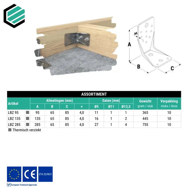 Hoekijzer 135x65x85 mm (4,0 mm) verzinkt (10 stuks)