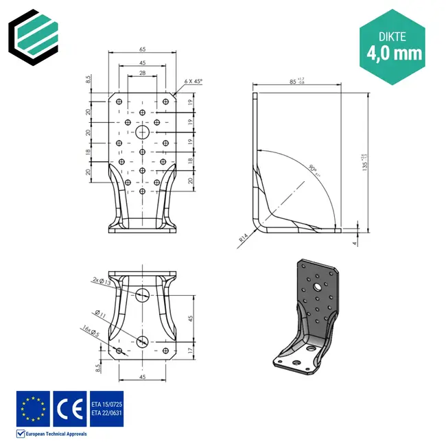 Hoekijzer 135x65x85 mm (4,0 mm) verzinkt (10 stuks)