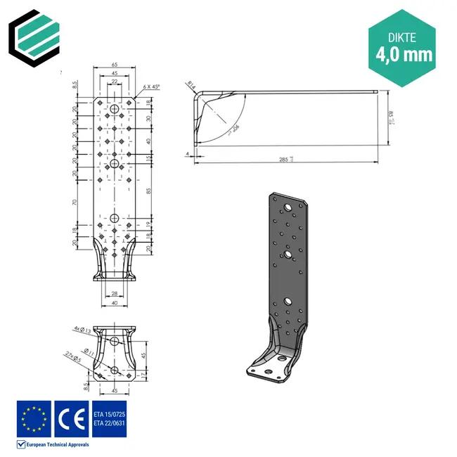 Hoekijzer 285x65x85 mm (4,0 mm) verzinkt (10 stuks)