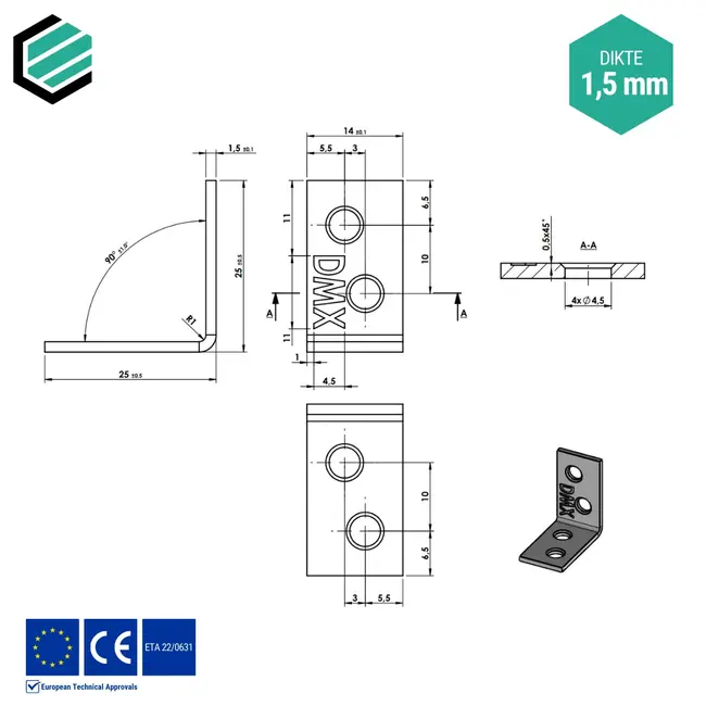 Hoekijzer 25x25x14 mm (1,5 mm) verzinkt (50 stuks)