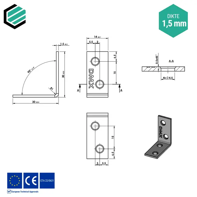 Hoekijzer 30x30x14 mm (1,5 mm) verzinkt (50 stuks)