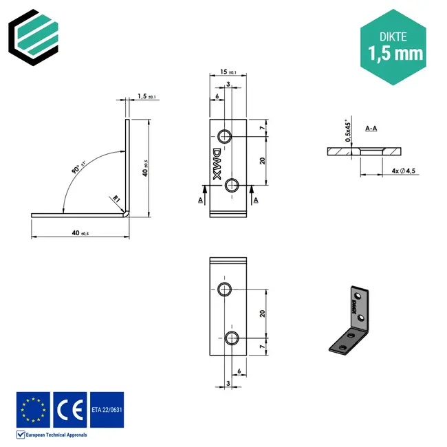 Hoekijzer 40x40x15 mm (1,5 mm) verzinkt (50 stuks)