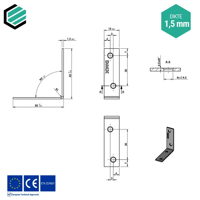 Hoekijzer 50x50x15 mm (1,5 mm) verzinkt (50 stuks)