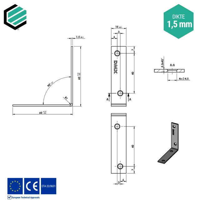 Hoekijzer 60x60x15 mm (1,5 mm) verzinkt (50 stuks)