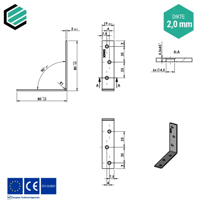 Hoekijzer 80x80x19 mm (2,0 mm) verzinkt (20 stuks)