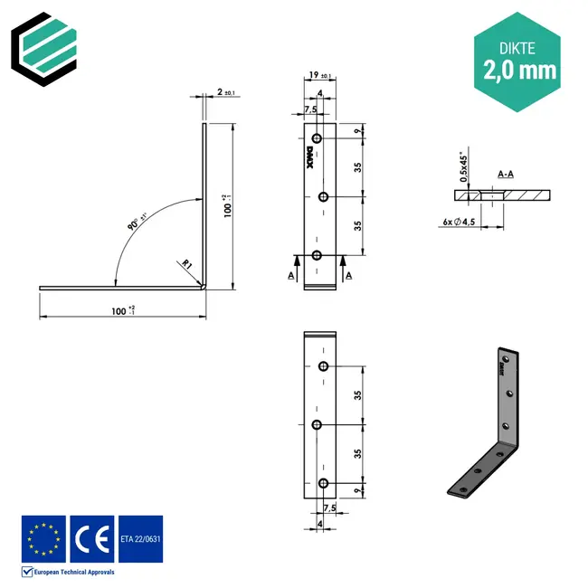 Hoekijzer 100x100x19 mm (2,0 mm) verzinkt (20 stuks)