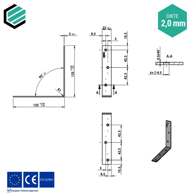Hoekijzer 125x125x22 mm (2,0 mm) verzinkt (20 stuks)