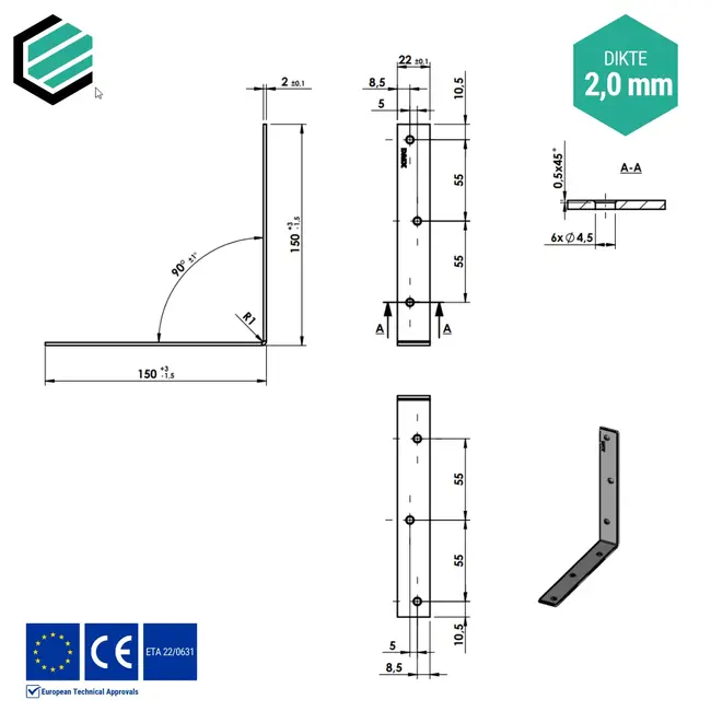 Hoekijzer 150x150x22 mm (2,0 mm) verzinkt (20 stuks)