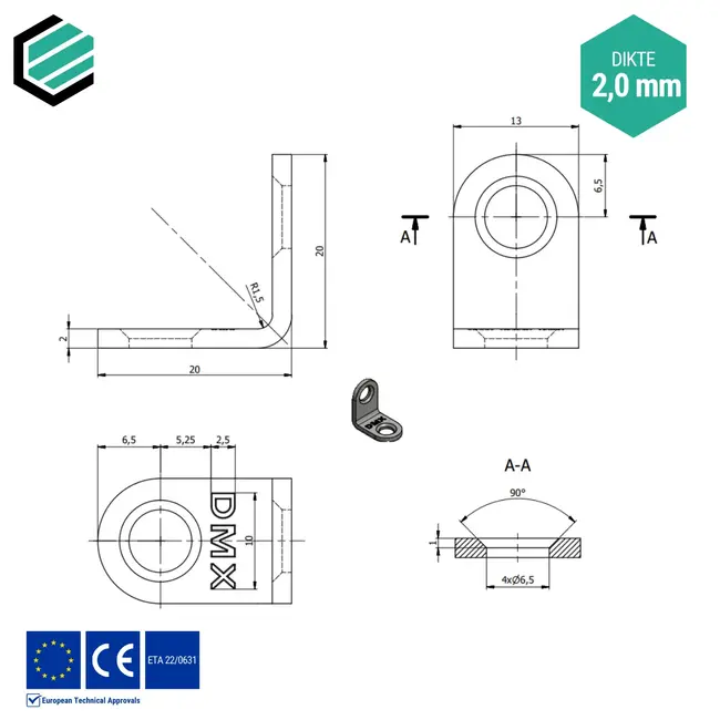 Hoekijzer 20x20x13 mm (2,0 mm) verzinkt (25 stuks)