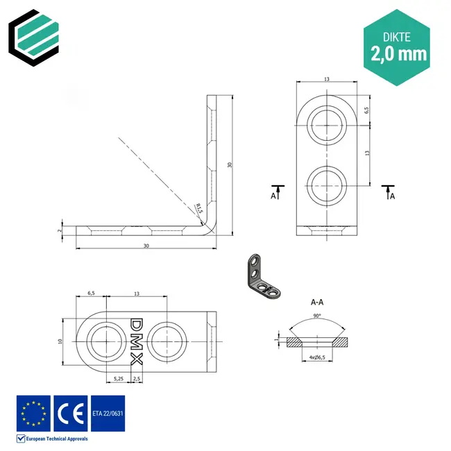 Hoekijzer 30x30x13 mm (2,0 mm) verzinkt (25 stuks)