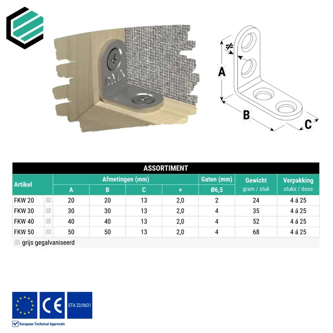 Hoekijzer 40x40x13 mm (2,0 mm) verzinkt (25 stuks)