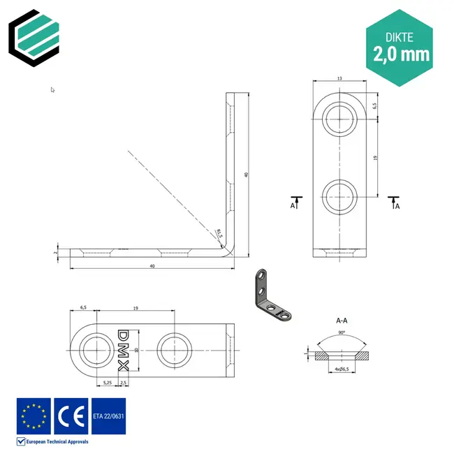 Hoekijzer 40x40x13 mm (2,0 mm) verzinkt (25 stuks)