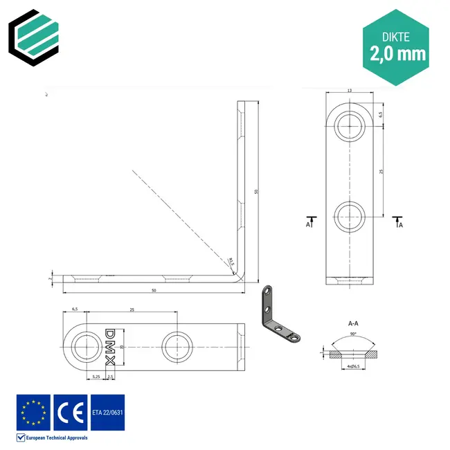 Hoekijzer 50x50x13 mm (2,0 mm) verzinkt (25 stuks)