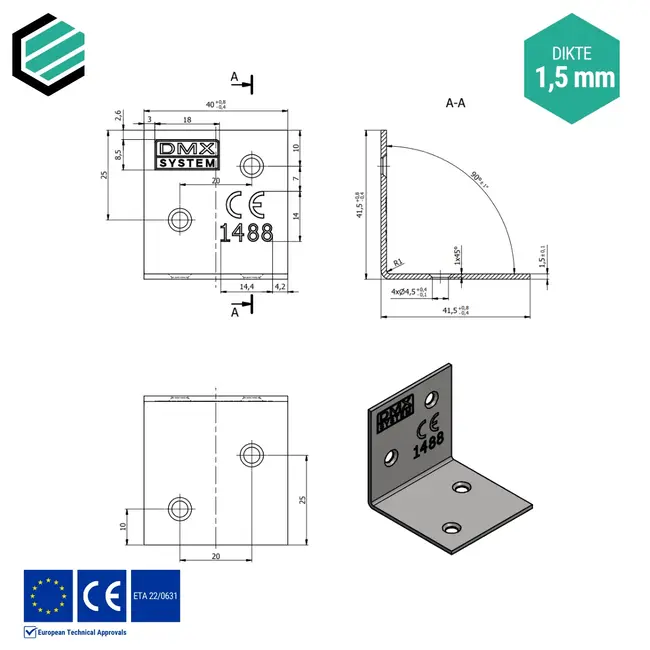 Hoekijzer 40x40x40 mm (1,5 mm) verzinkt (50 stuks)
