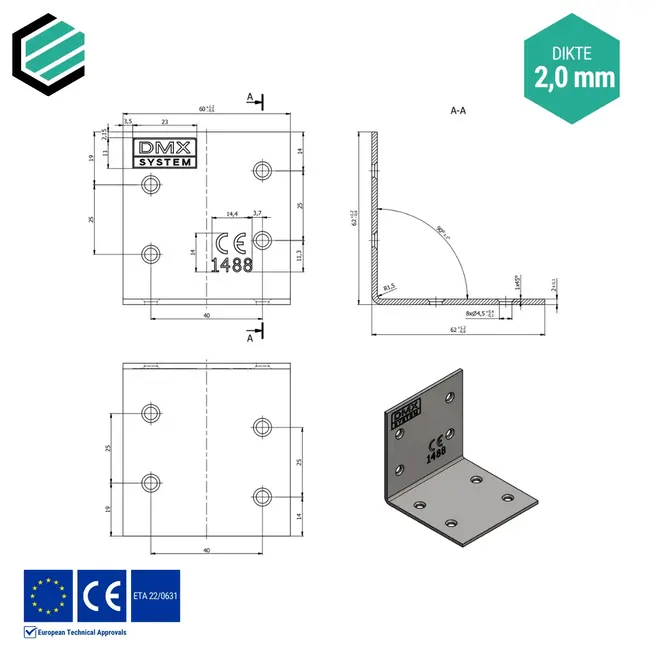 Hoekijzer 60x60x60 mm (2,0 mm) verzinkt (20 stuks)